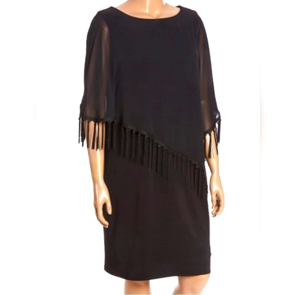 Black Asymmetrical Cocktail Dress with Crew Neck and 3/4 Sleeves
